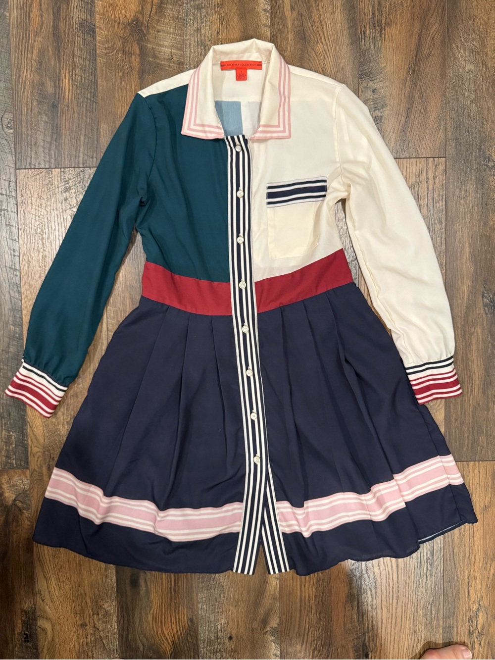 Hilfiger Color-block Pleated Midi Shirt Dress in Teal, Navy, Ivory and Red